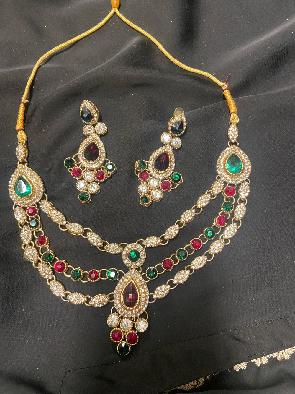 Indian Gold-Tone Multistrand Teardrop Necklace and Earrings - Green & Red